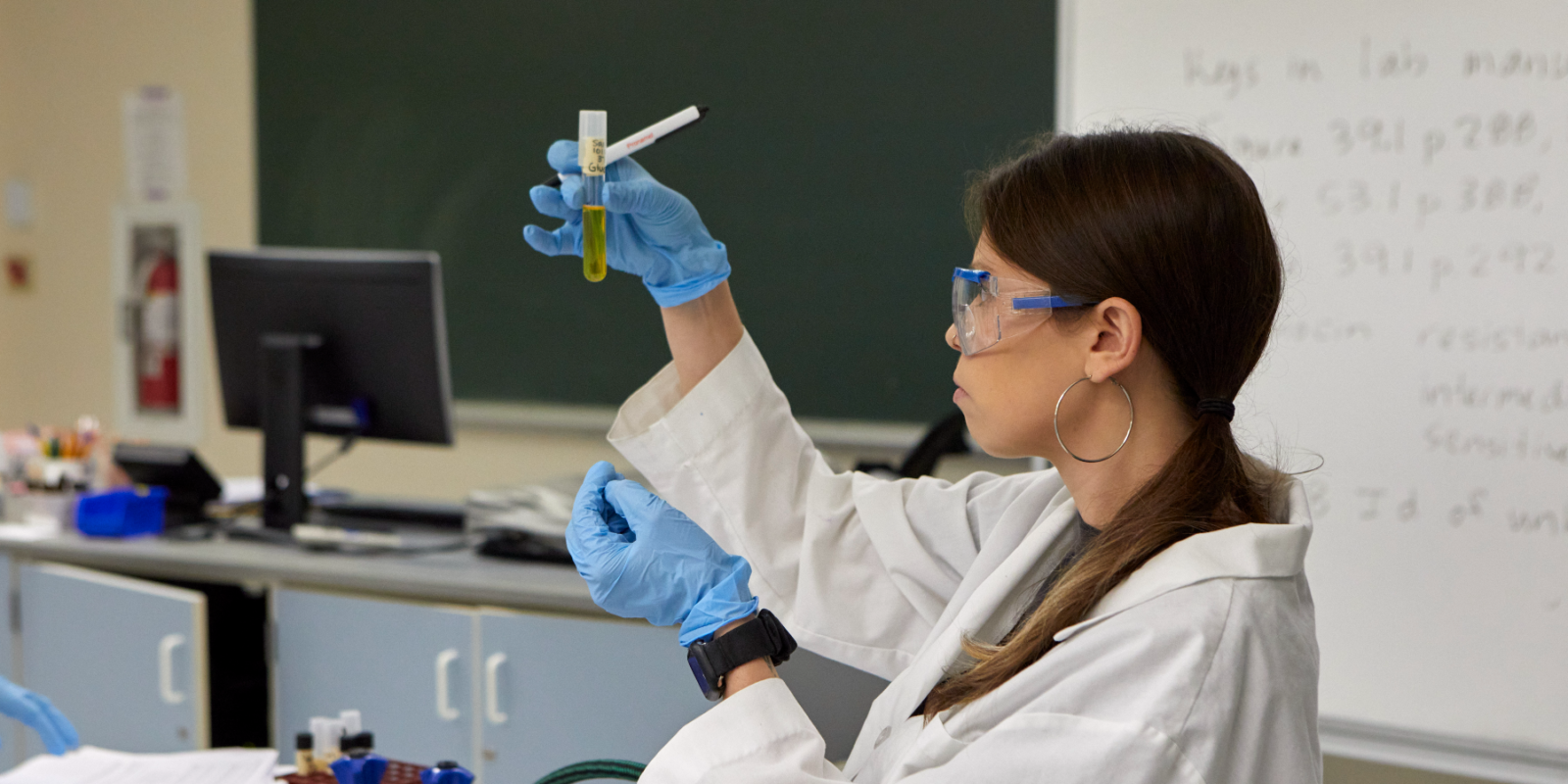 Chemistry student inspecting test tube