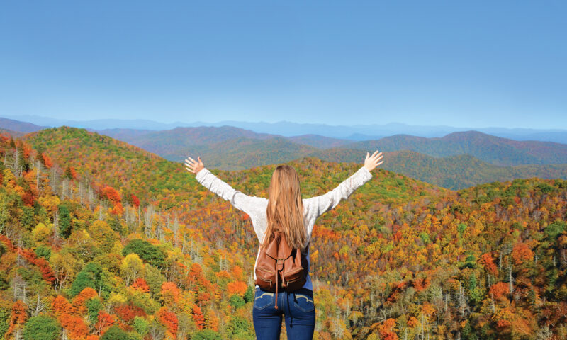 student hiking in Catskill Mountains