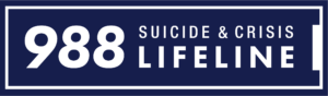 Navy blue and white rectangle with 988 Suicide and Crisis Lifeline