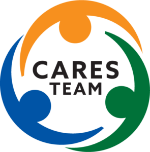 Logo for CARES Team three abstract human figures in green, blue, and orange holding hands to form a circle with CARES Team written in center